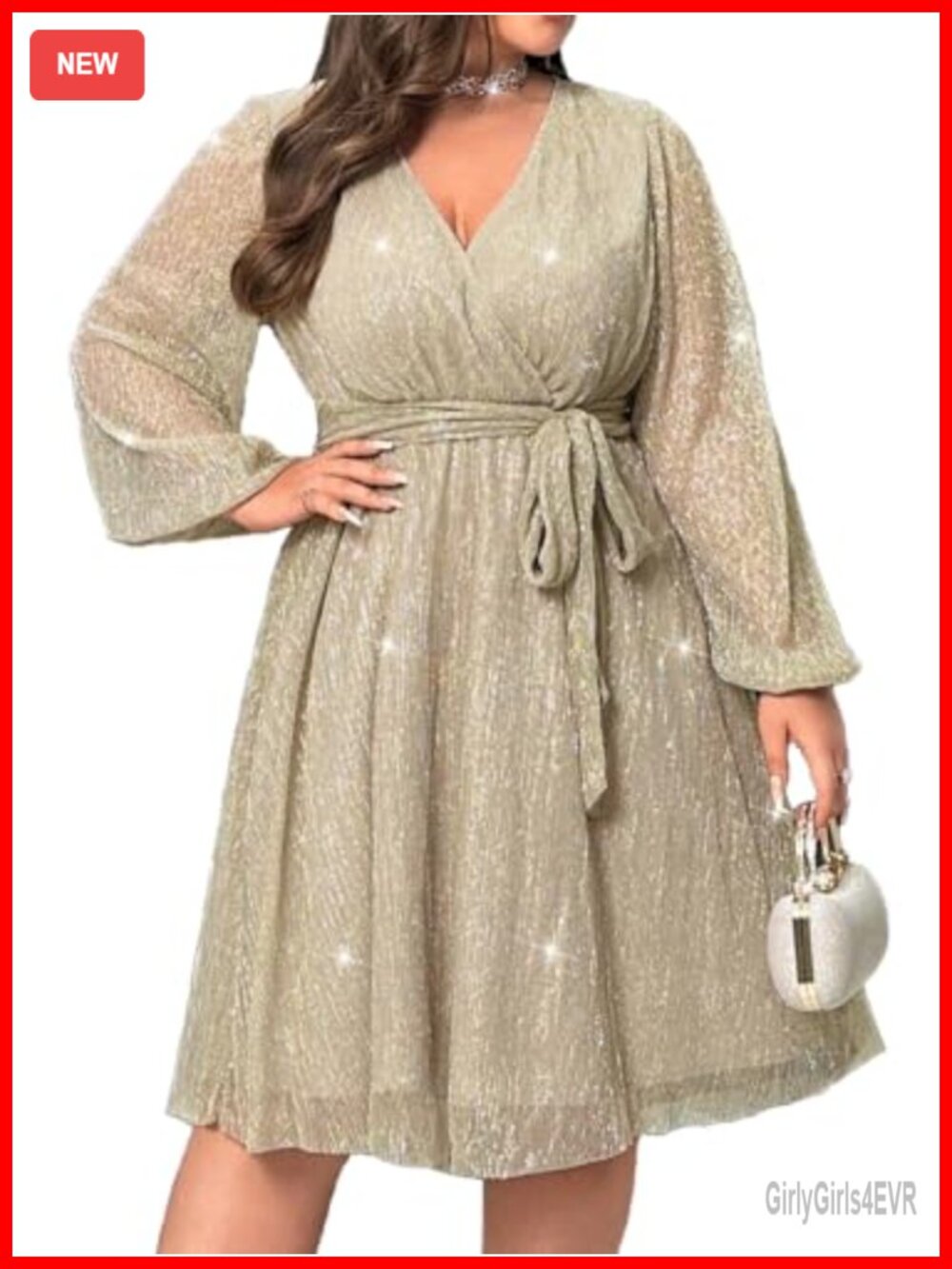 Plus Size Sheer Sleeve A-Line Cocktail Dress with Waist Sparkle Chiffon Mesh